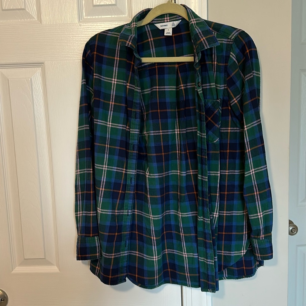 Old Navy Green Plaid Tunic Button Down Shirt Women’s Medium Boyfriend Fit